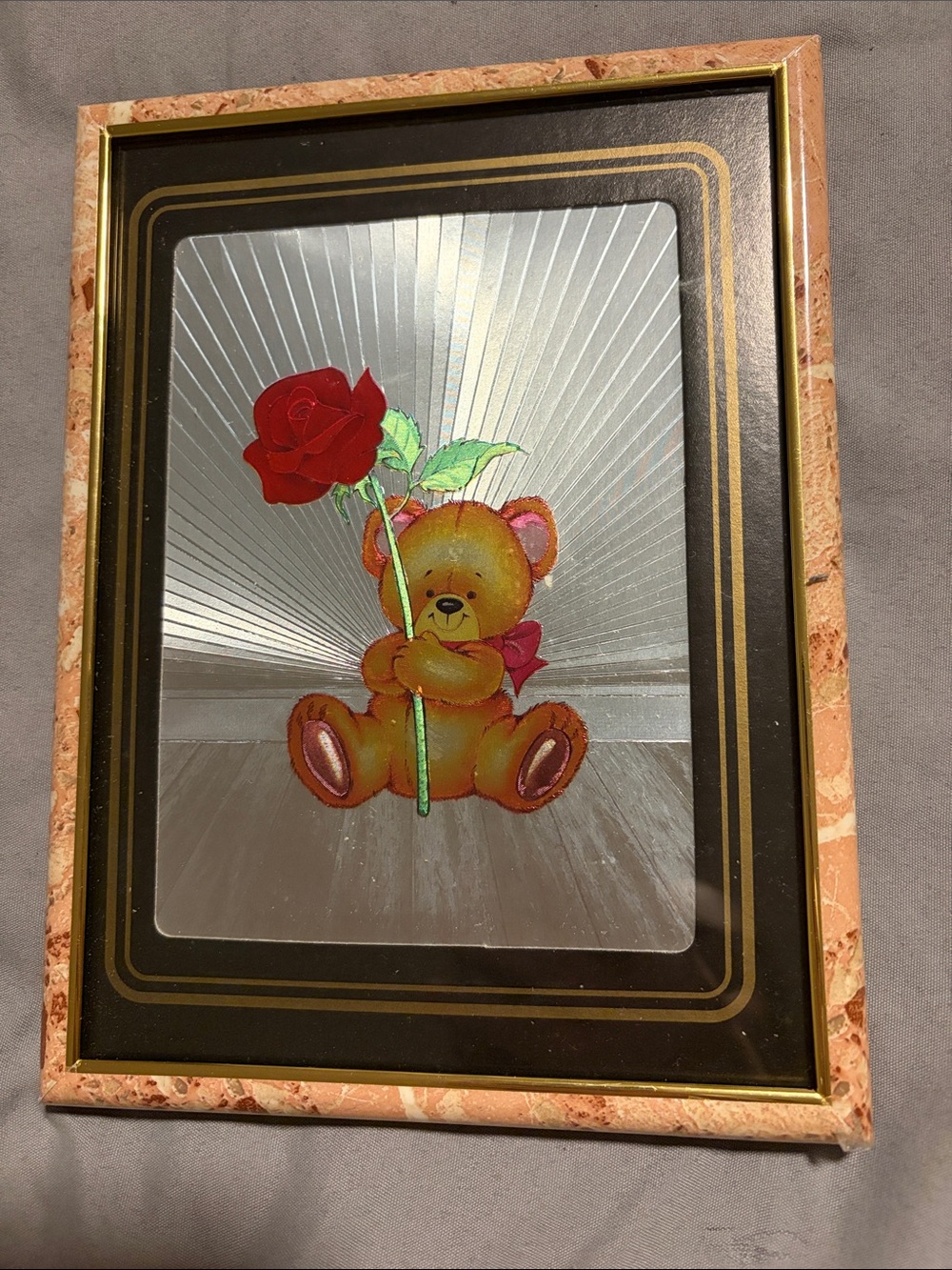 Framed Teddy Bear with Red Rose Wall Art